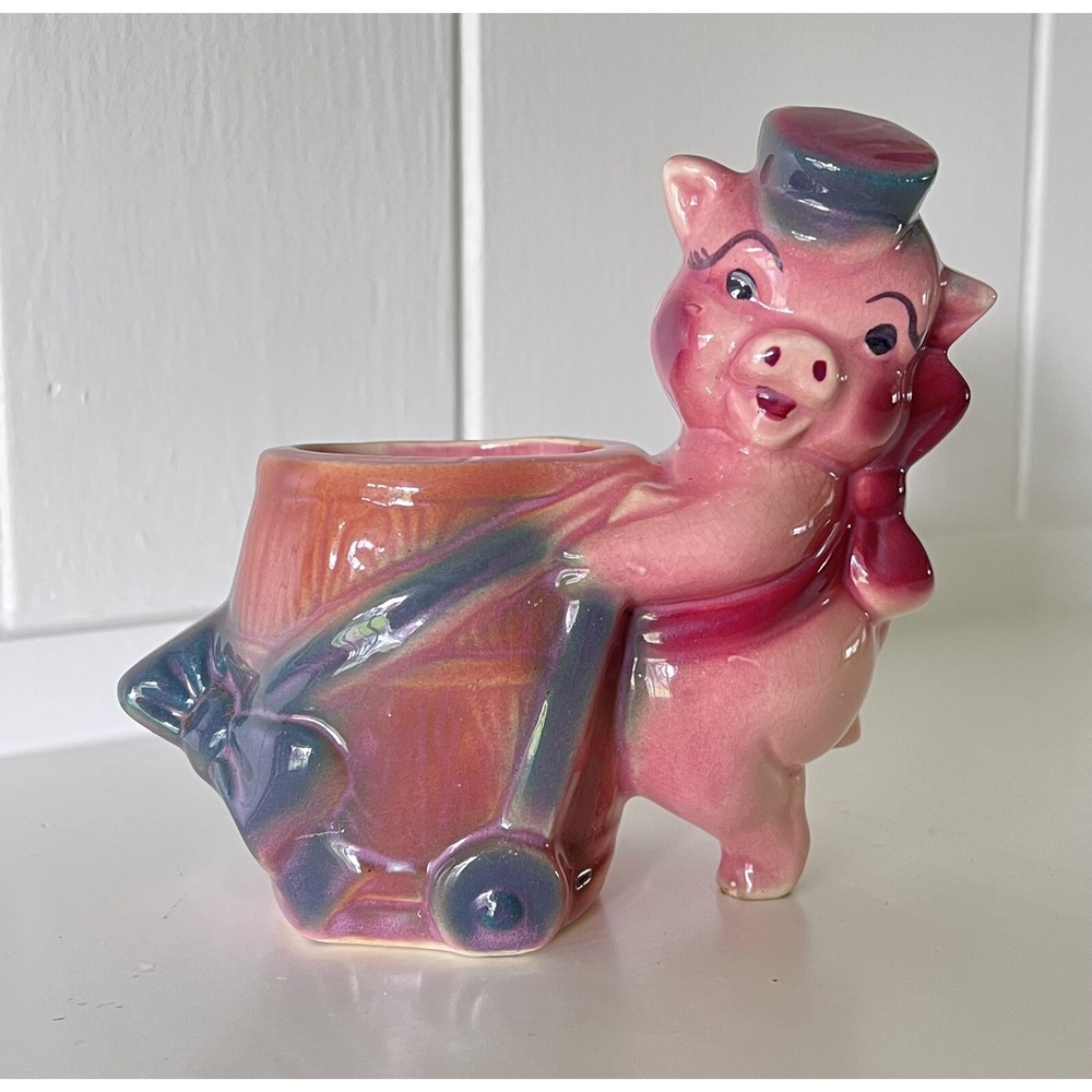VTG‎ MID CENTURY CERAMIC PIG WITH BARREL PLANTER